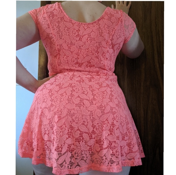 Vibrant Coral Lace Short Skater Dress - Picture 5 of 6